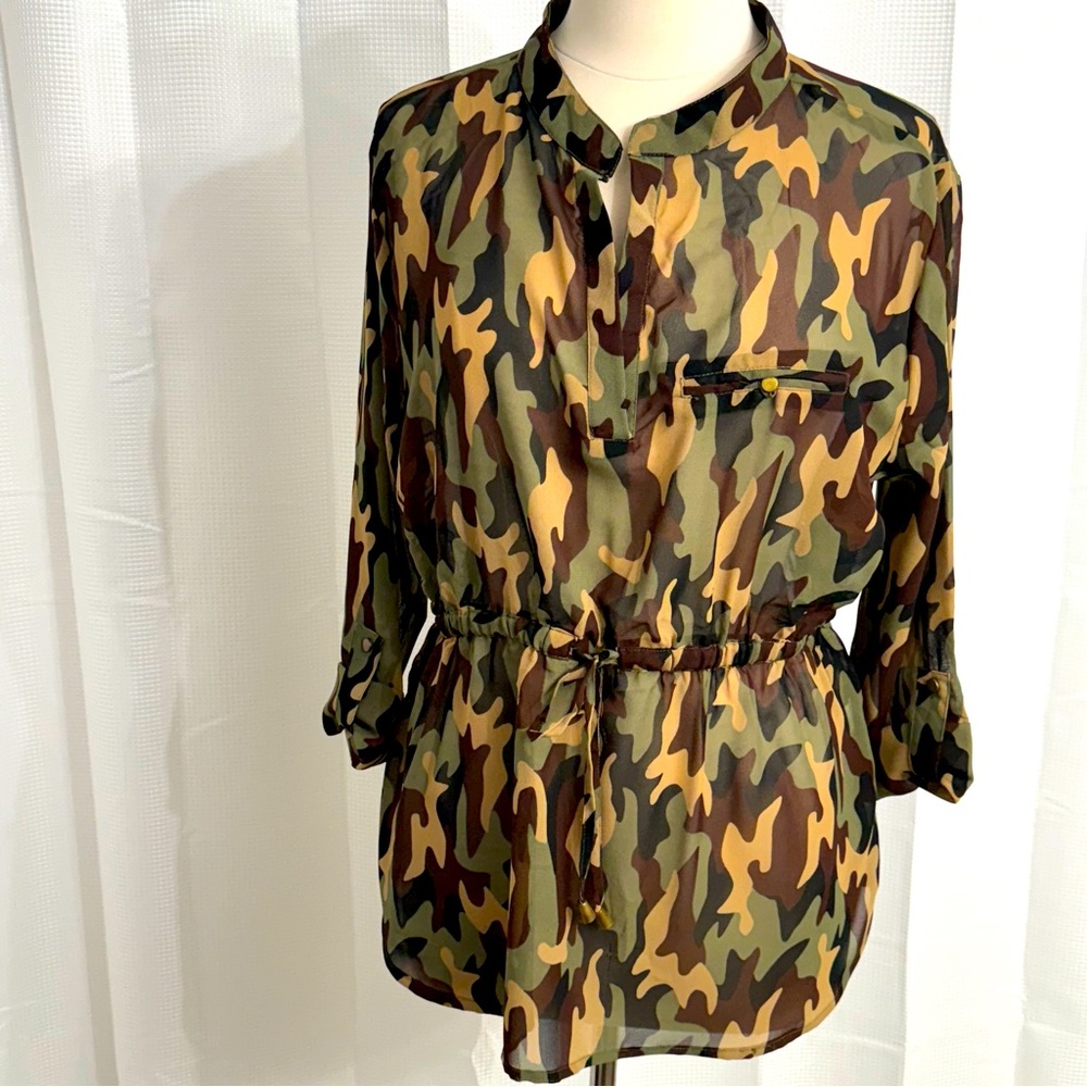 Dalin Women's Chiffon Camo V-Neck Blouse, Drawstring, 3/4 Sleeves, Size 2X